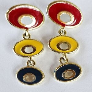 VTG Red Yellow Blue Enamel Gold Tone Post Earrings